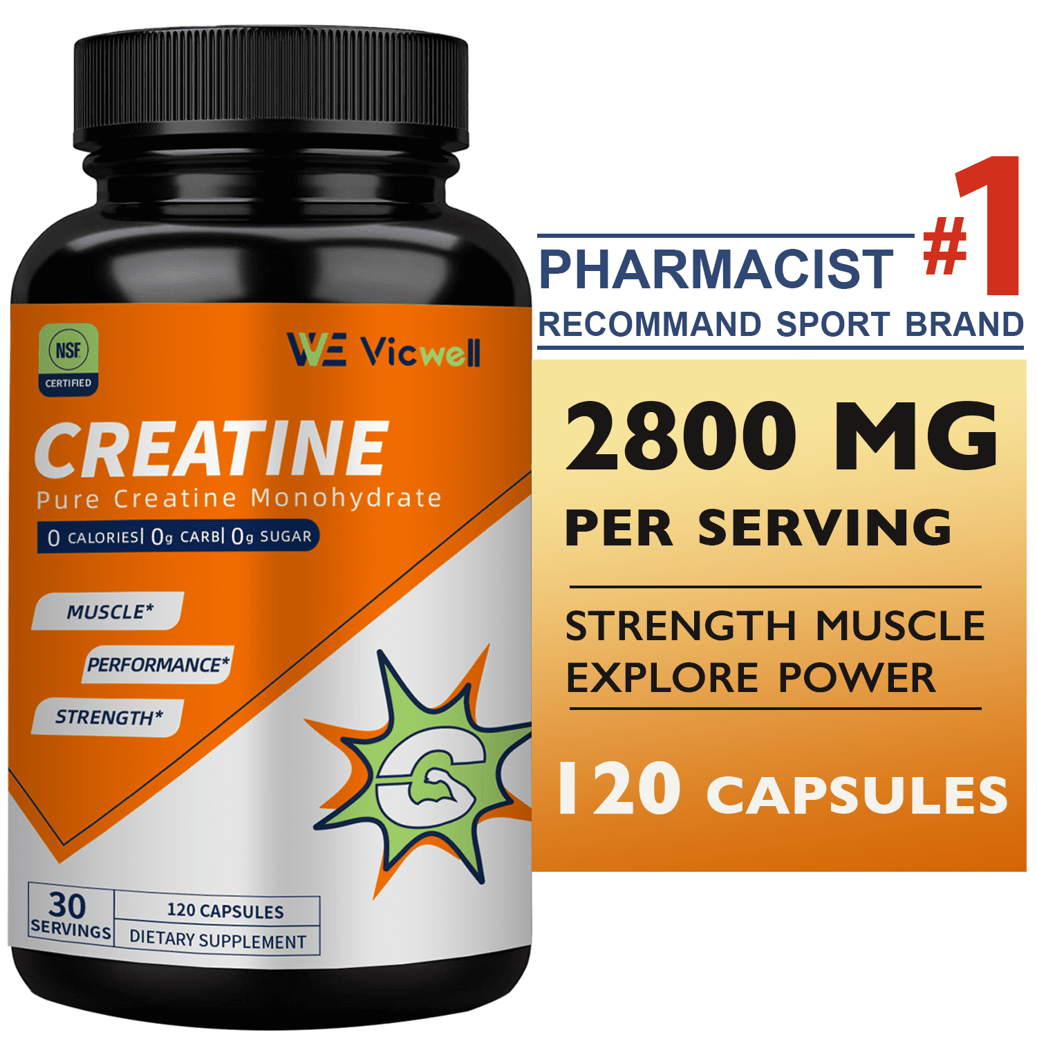 Buy Creatine Monohydrate 2800mg 120 Ct Vegan Capsules Supplement, 100