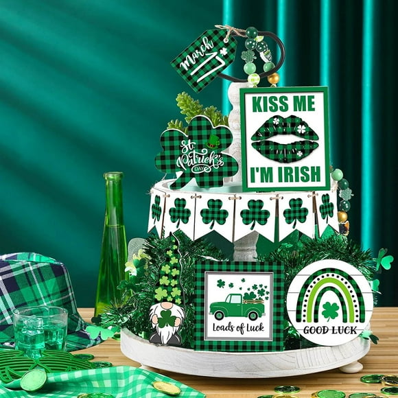 Valentine'S Day Tray Decoration - St. Patricks Day Tiered Tray Decor Wooden Table Signs Green Block Wood Table Centerpieces with Holder for St. Patricks Tiered Tray Home Holiday Decor
