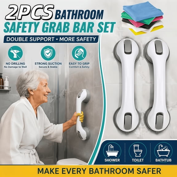 2Pcs Set Non‑Drilled Bathroom Safety Grab Bar, Strong Vacuum Suction Cup Anti‑Slip Shower Support Handle, Easy Install Bathtub Handrail with 1 Random Color Cleaning Towel, for Bathroom Shower Tub Saf