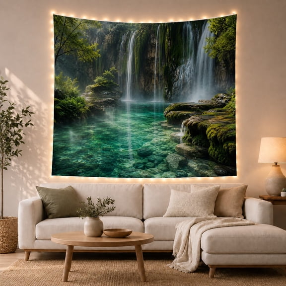 Multiple Waterfalls in Turquoise Pool, Serene Watercolor for Nature Lovers, Lush Forest Wall Art, Housewarming Gift, Tapestry Wall Hanging for Bedroom and Living Room