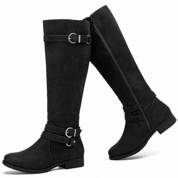 LOVE STEETLY Women's Knee High Chunky Heel Boots, Side Zipper Round Toe Faux Leather Casual Buckle Comfort Versatile Boot.
