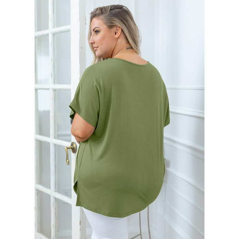 SHOWMALL Women Plus Size Tops Short Sleeve Tunic Side Slit Shirt Summer  V-Neck Blouse Army Green 2X Tops