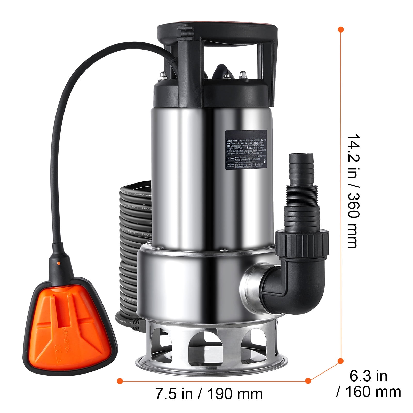 KFFKFF 1HP Submersible Pump, 4020GPH, 30FT Elevation, Stainless