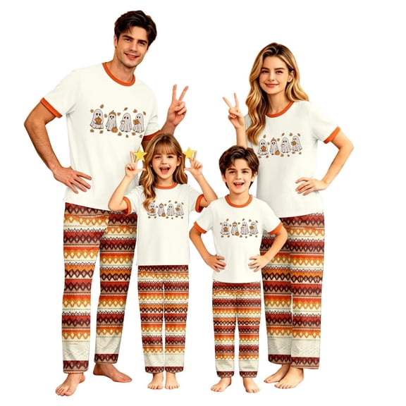 Onlypjs Family Halloween Pajamas Matching Sets, Ghost Print Sleepwear Set with Fall Pattern Pants, Cozy Holiday Nightwear for Couples and Families