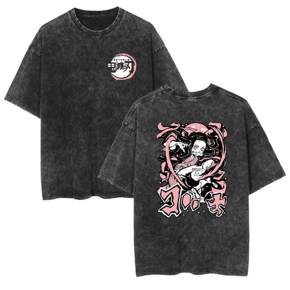 Duoxingbao New export style washed T-shirt anime Demon Slayer loose-fitting retro style unisex.