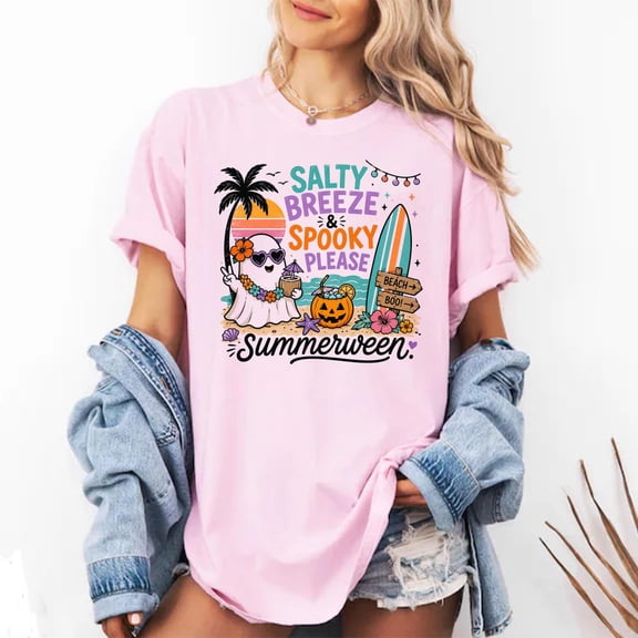 VibeNest Studio Unisex Salty Breeze Spooky Please Summerween Ghost Beach Halloween Graphic T-Shirt