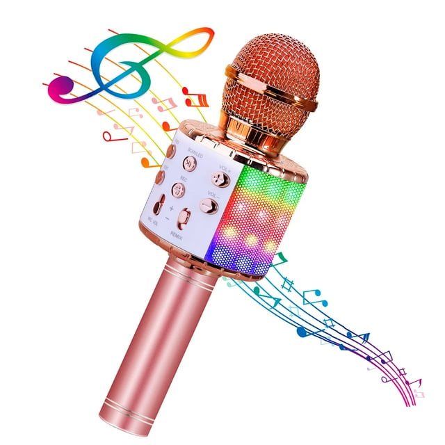 BlueFire Micrófono inalámbrico de karaoke 4 en 1 con luces LED, micrófono portátil para niños, grandes regalos juguetes para niños, niñas, niños y adultos (rosa)