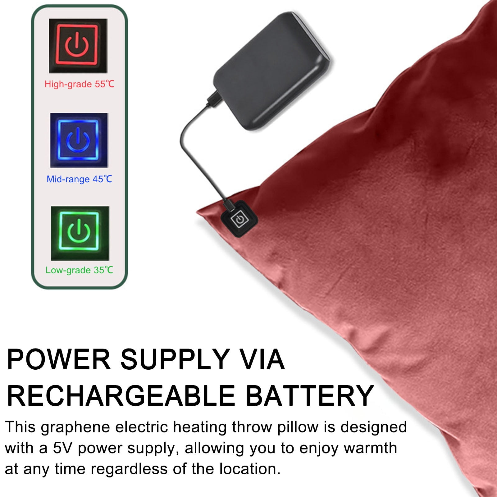Heated Pillow for Lumbar Support 3 Heat Settings Rechargeable Warm Heating Pad Pillow Battery Operated USB for Period Cramp Abdomen Neck Back Pain Relief Sleeping, red