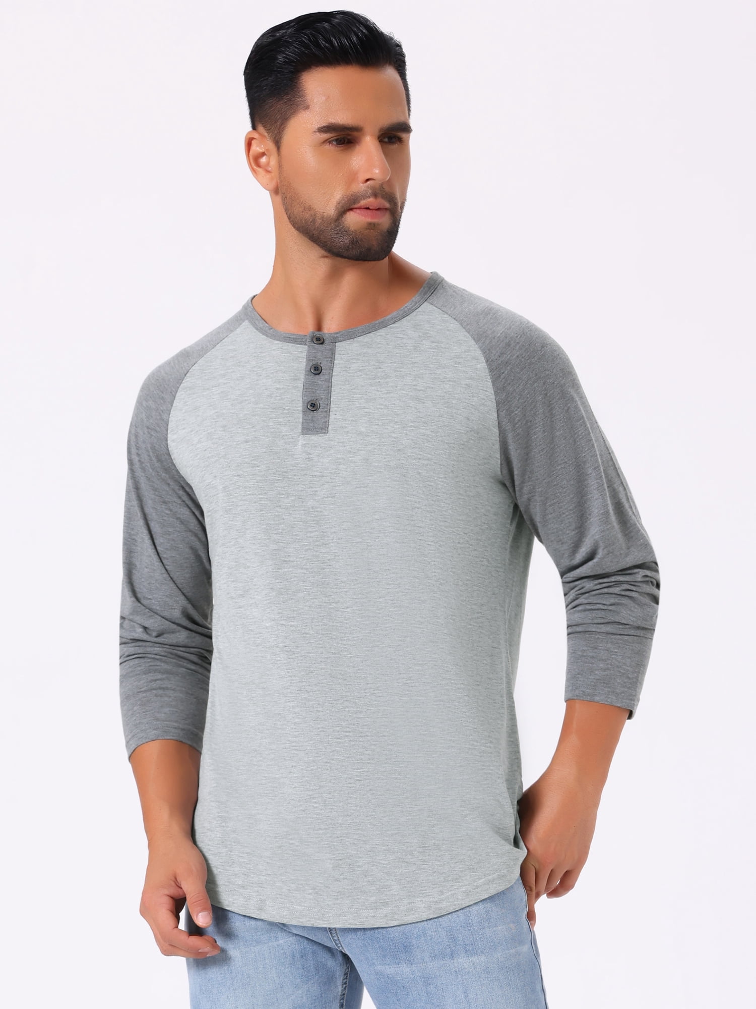 DARING DIVA Men's Raglan Long Sleeve Tee Shirt Baseball Henley T-Shirts L Gray