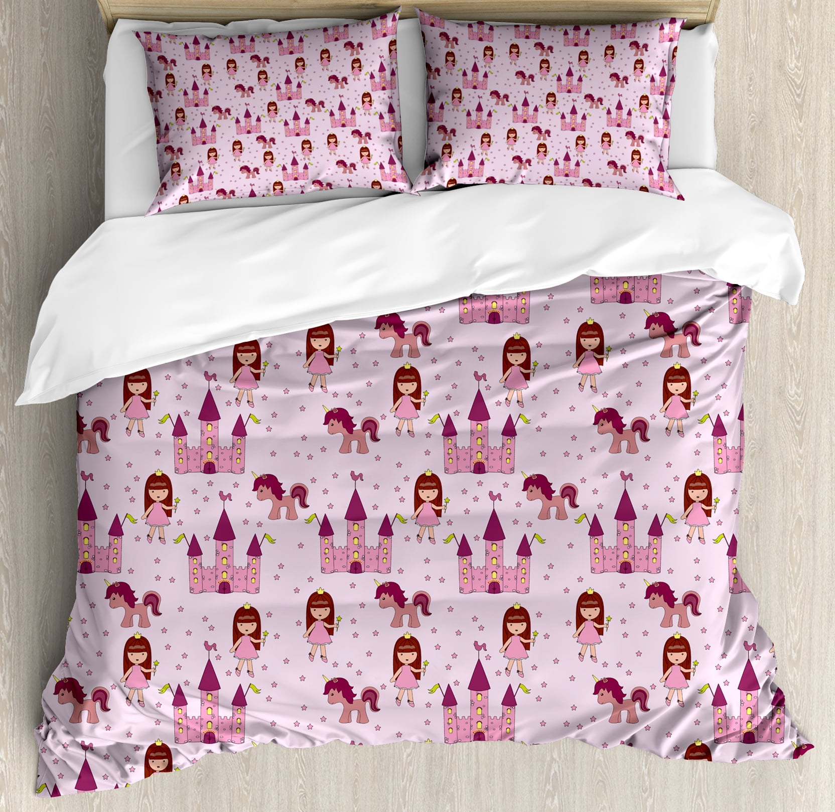 Kids Duvet Cover Set Princes With Castle And Unicorn Stars Kids Duvet Cover Set Princes With Castle And Unicorn Stars Background Cartoon Drawing Style Decorative Bedding Pillow Shams Pale Mauve Pink