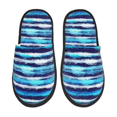 

Fuzoiu Ice Blue Stripes Print Unisex Furry Slippers Plush Indoor Shoes Trendy House Slippers Anti-Skid EVA Sole House Shoes for Home Office and Travel -Medium