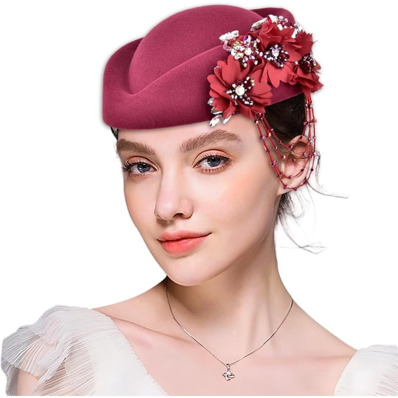 Kukuzhu Women's Retro Stewardess Felt Hat, British Berets, Rhinestone Flower Decor, Ladies' Church Derby Hat
