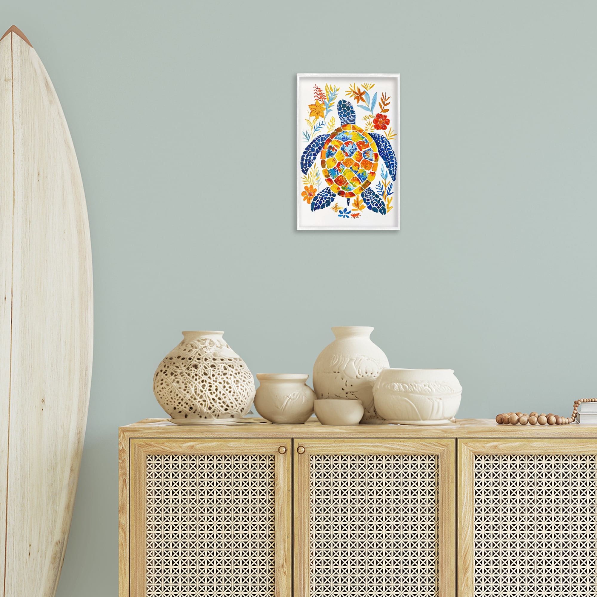 Stupell Industries Nautical Patterned Turtle Coastal Painting White Framed Art Print Wall Art, 12 x 18