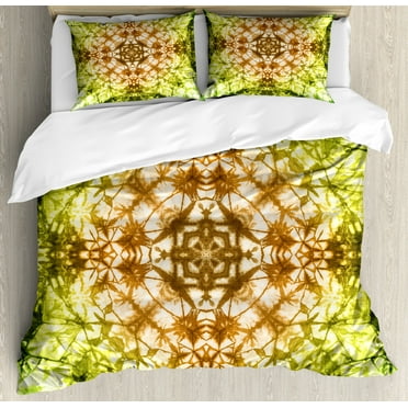 Tie Dye Decor King Size Duvet Cover Set, Round Creepy Figure with Saturated Fractal Colors with Faded Pleat Motifs, Decorative 3 Piece Bedding Set with 2 Pillow Shams, Green Brown, by Ambesonne