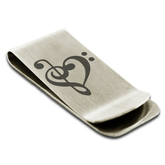 Tioneer Stainless Steel Treble Bass Clef Musical Heart Engraved Money Clip Credit Card Holder