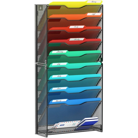 10 Tier Wall File Organizer, Hanging Wall Mount File Holder Paper Folder Mail Organizer, Mesh Metal, Black.