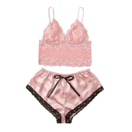 

BIZIZA Pajama Set for Womens Loungewear Sleepwear 2 Piece PJ Sets Soft Lace Cami Top and Shorts Pink M