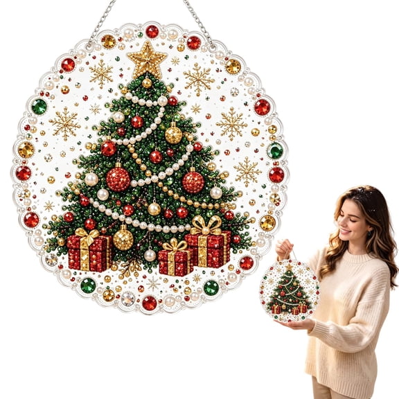 Christmas Pearl Art DIY Kit, 1-Pack Acrylic Christmas Tree Ornament, Hanging Suncatcher Pendant for Holiday Window Decor, bldnkj