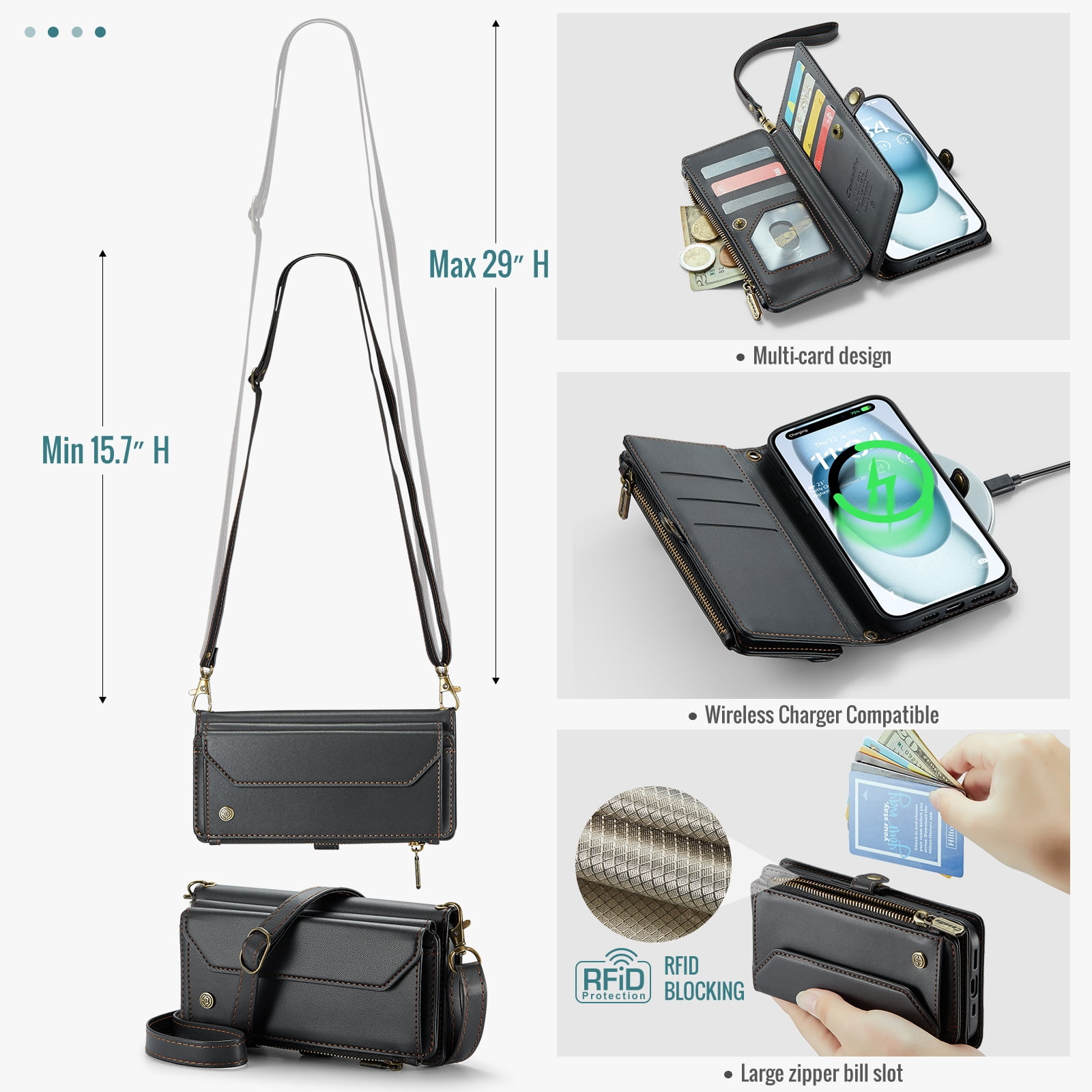 for iPhone 13 Full Body Protection Wallet Folio Flip Case, Shoulder Strap & Wristlet Card Slots Zipper Pocket RFID Blocking Rugged Durable PU Leather Phone Case Cover, Black