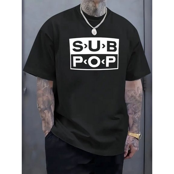 Men's Casual Short Sleeve T-Shirt with Bold SUB POP Graphic Print - Black Regular Fit Summer Tee,