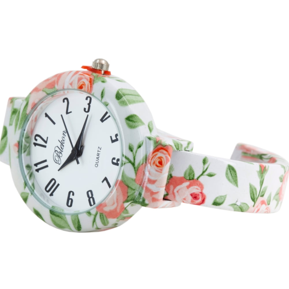 Blekon Collections Women’s Cuff Bangle Watch – Elegant Flower Design Bracelet Timepiece, Fashion Jewelry Wristwatch for Ladies, Stylish Dress Gift, Multiple Design Options
