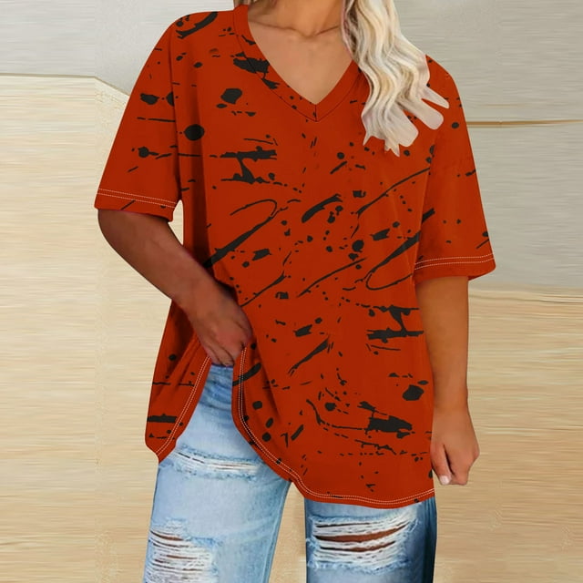 Karight Plus Size Tops for Women Boho Y2K Graphic Tees Oversized Short Sleeve Tshirts Summer Trendy Outfits Top