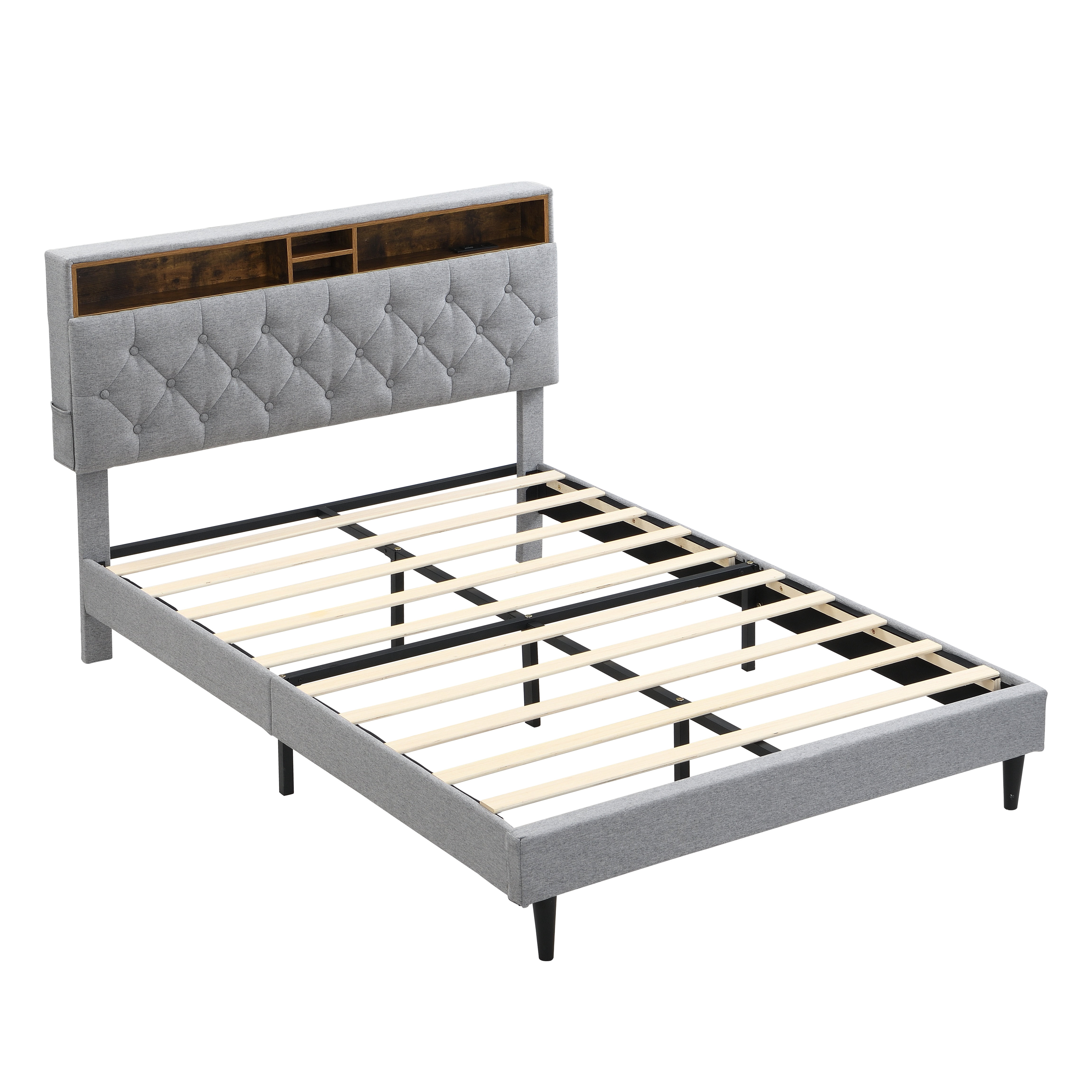 Lisonu Modern Queen-Size Upholstered Platform Bed Frame with Button-Tufted Linen Fabric Headboard and USB Ports in Light Grey
