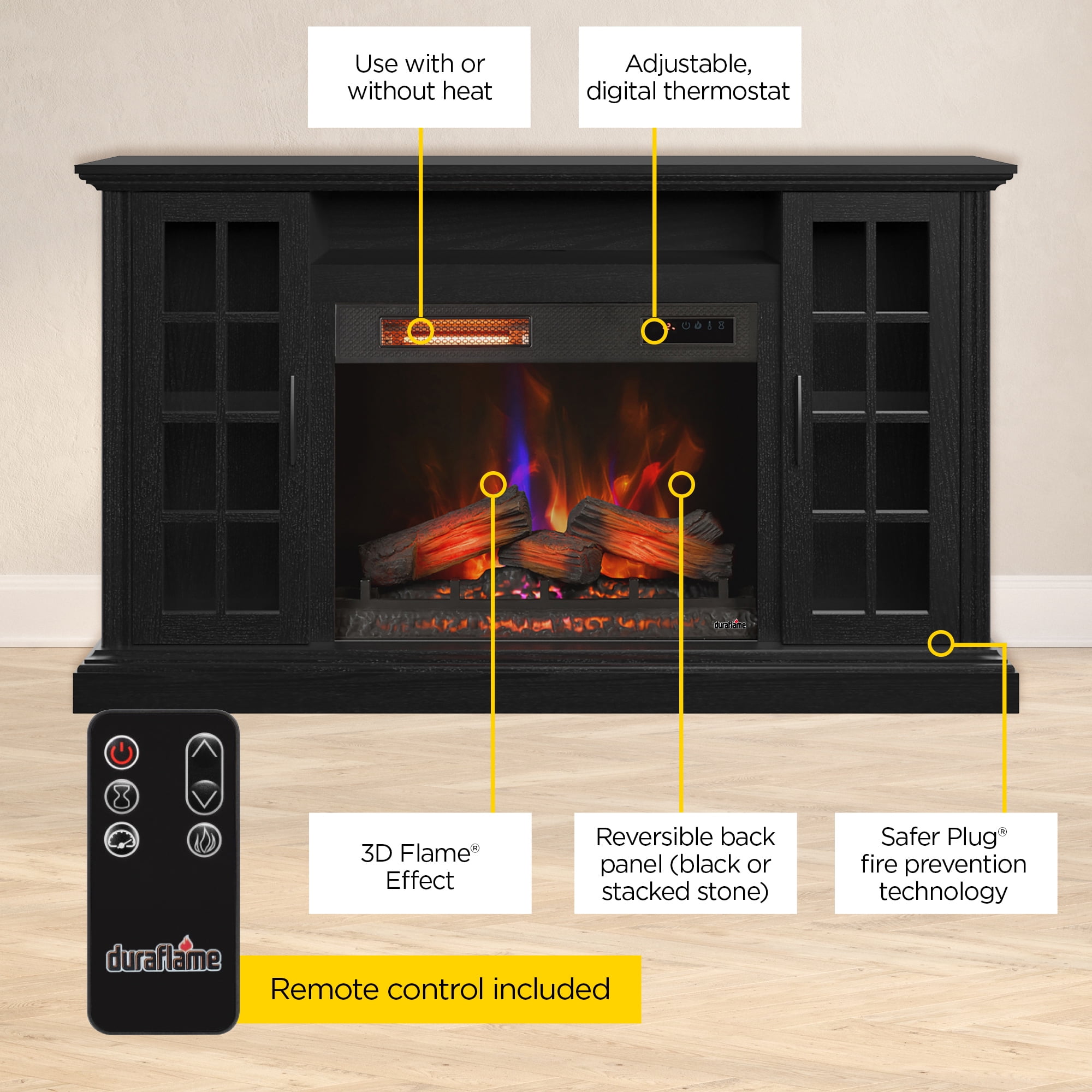 duraflame® Electric Fireplace Media Mantel for TVs up to 65 inches and Farmhouse Storage Cabinets, Black Embossed Ash
