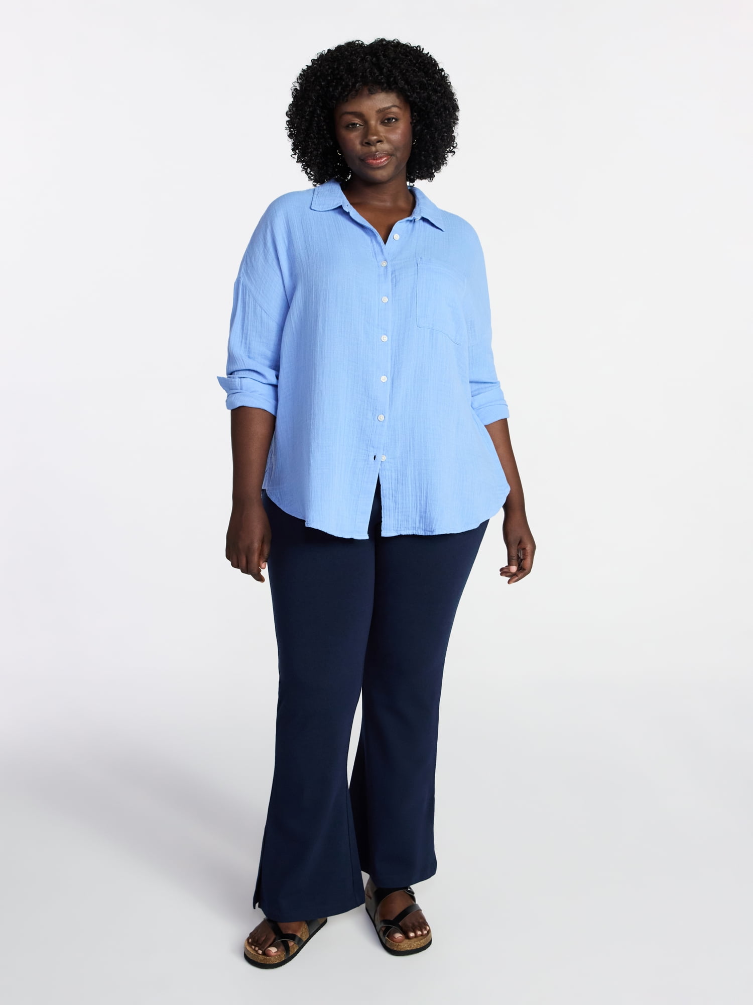 Terra & Sky Women's Plus Size Double Cloth Boyfriend Shirt, Sizes 0X-5X