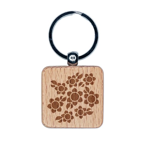 Scatter of Sunflowers Square Keychain Charm Tag - Engraved Wood