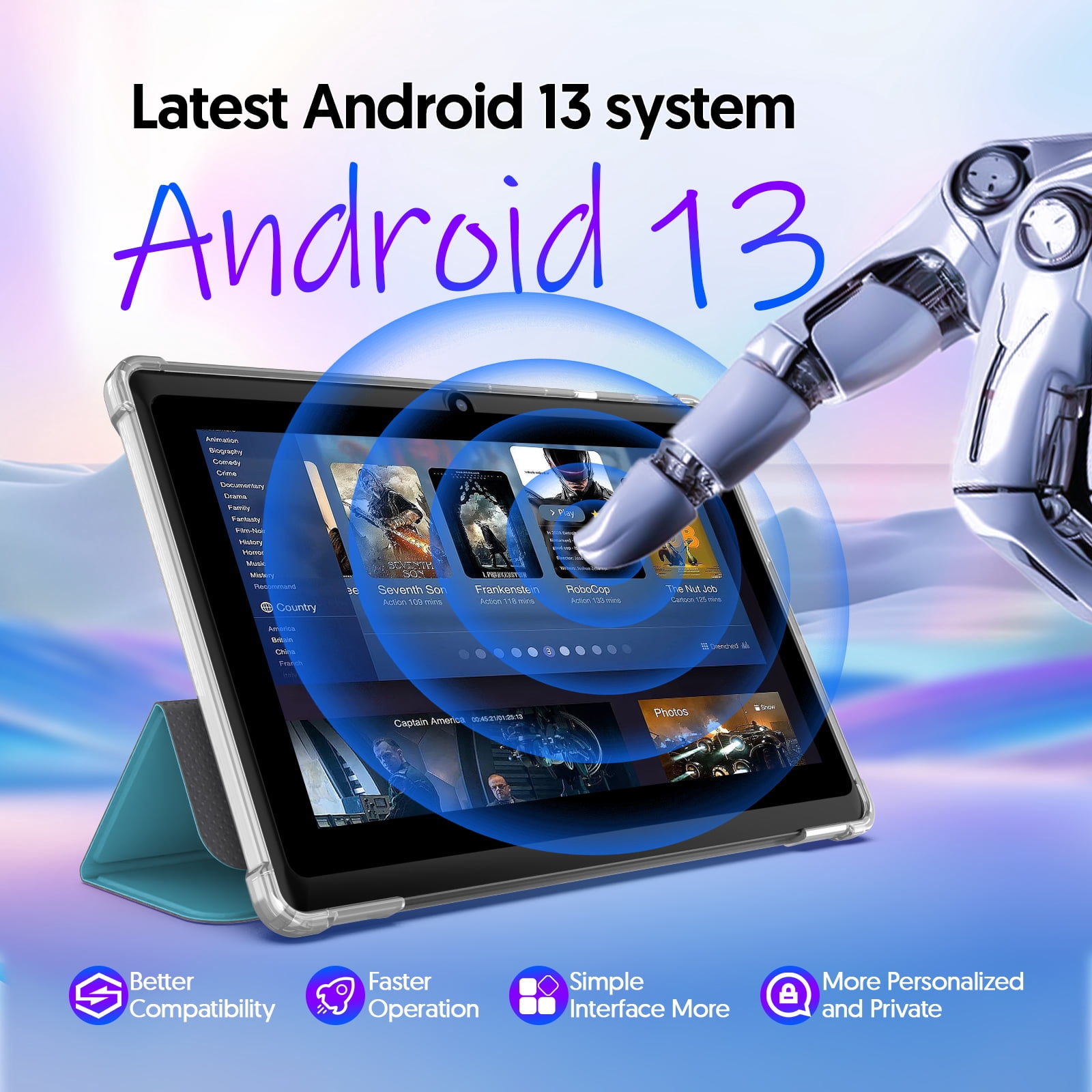 FITIFUN 7 inch Android Tablet with Case, 4GB RAM+32GB ROM, Quad-Core, HD Display, Wifi 6, 3500mAh, Dual Camera, Blue