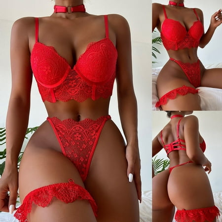 

VIAVIOE Women Exquisite Mesh Lingerie Bra+Garter+Briefs+Choke Set Babydoll Cut-Out Sleepwear VRK974