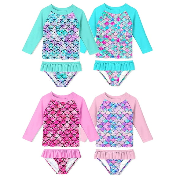 Lovebay Little Girls Mermaid Swimsuits Two Pieces Swimwears Rash Guard Set Long Sleeve UPF50  Bathing Suit for Beach 2-8T