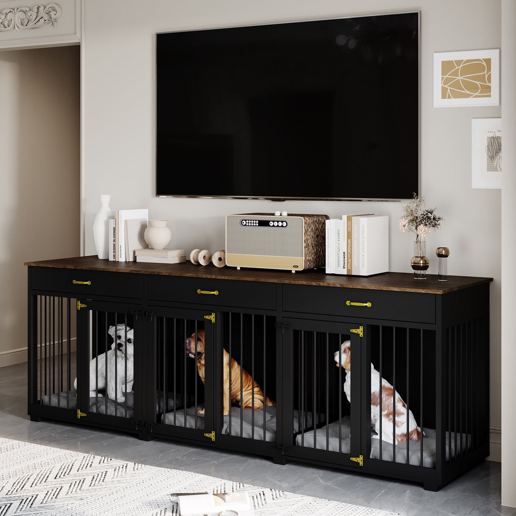 Jenser Multi-Functional 3-Door 95" Wooden Furniture Style Crate for Dog with 2 Dividers