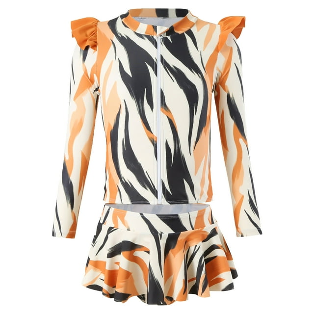 Luvoko Big Girls Swimsuit, Kid Girls Longsleeve Shirt Girls Rashguard Holiday Style Printed One-Piece Swimsuit Set Bathing Suit for White Shirt Ruffled Halter Swimsuits(Orange,8-10 Years)