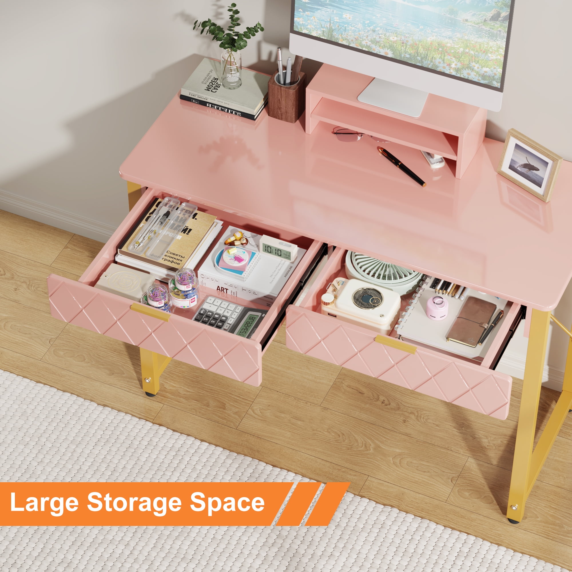 GYIIYUO Pink Modern Writing Desk with 2 Drawers, Office Desk with Glossy Curved Desktop, Computer Desk with Movable Stand for Bedroom Home Office, Pink and Gold