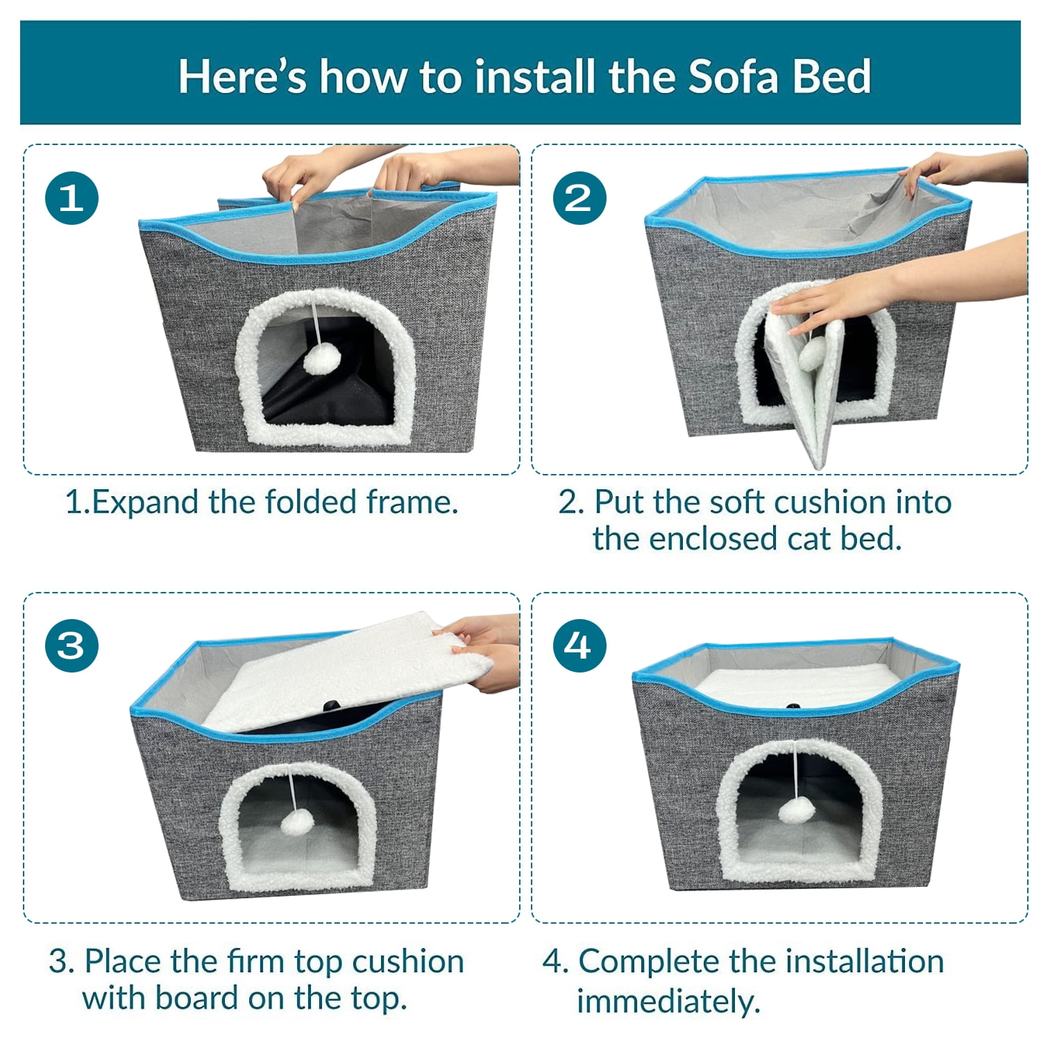 Behome Cat Bed, Cat Cave with Fluffy Ball and Scratch Pad, Foldable Cat Condo Hideaway with Reversible Cushion for Multi Small Pet, Dark Grey