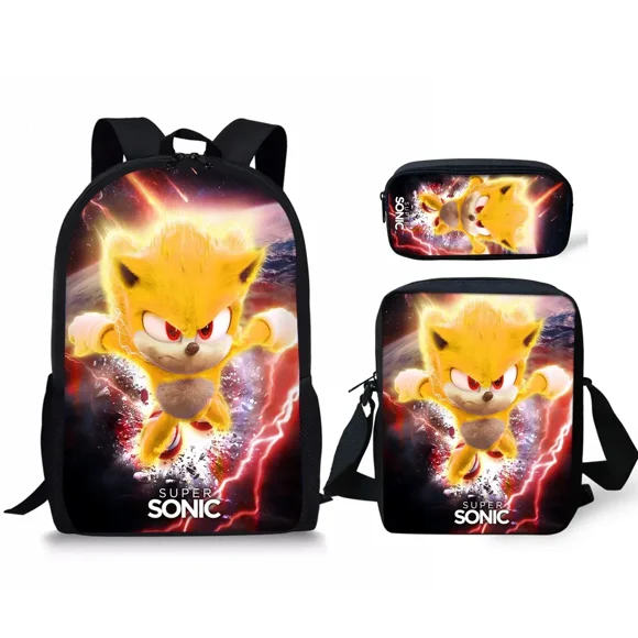 AFeng Ensemble de 3 Pcs Nouveau Sac-Repas Dessin Animé Sonic Sac à Lunch Trousse Sac à Dos Élèves du Primaire et du Secondaire Sac d'École Dessin Animé Mochila