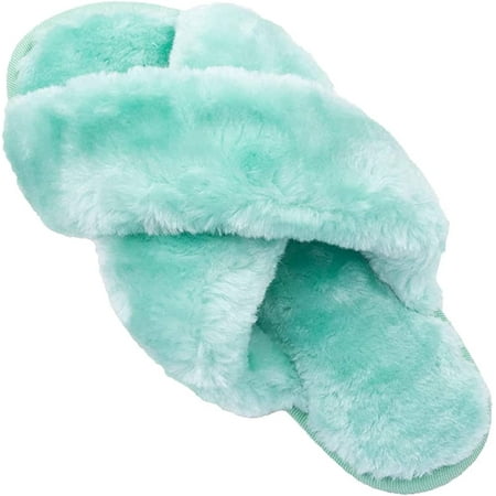 

Womens Fuzzy House Slippers Cross Band Cozy Furry Plush Spa Slippers Sandals Memory Foam Soft Warm Flats Anti-Slip Indoor Outdoor Slides Shoes