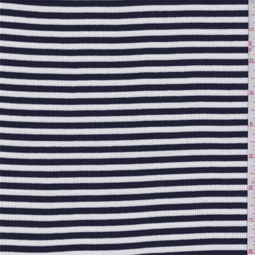 Navy/White Stripe Cotton Rib Knit, Fabric By the Yard