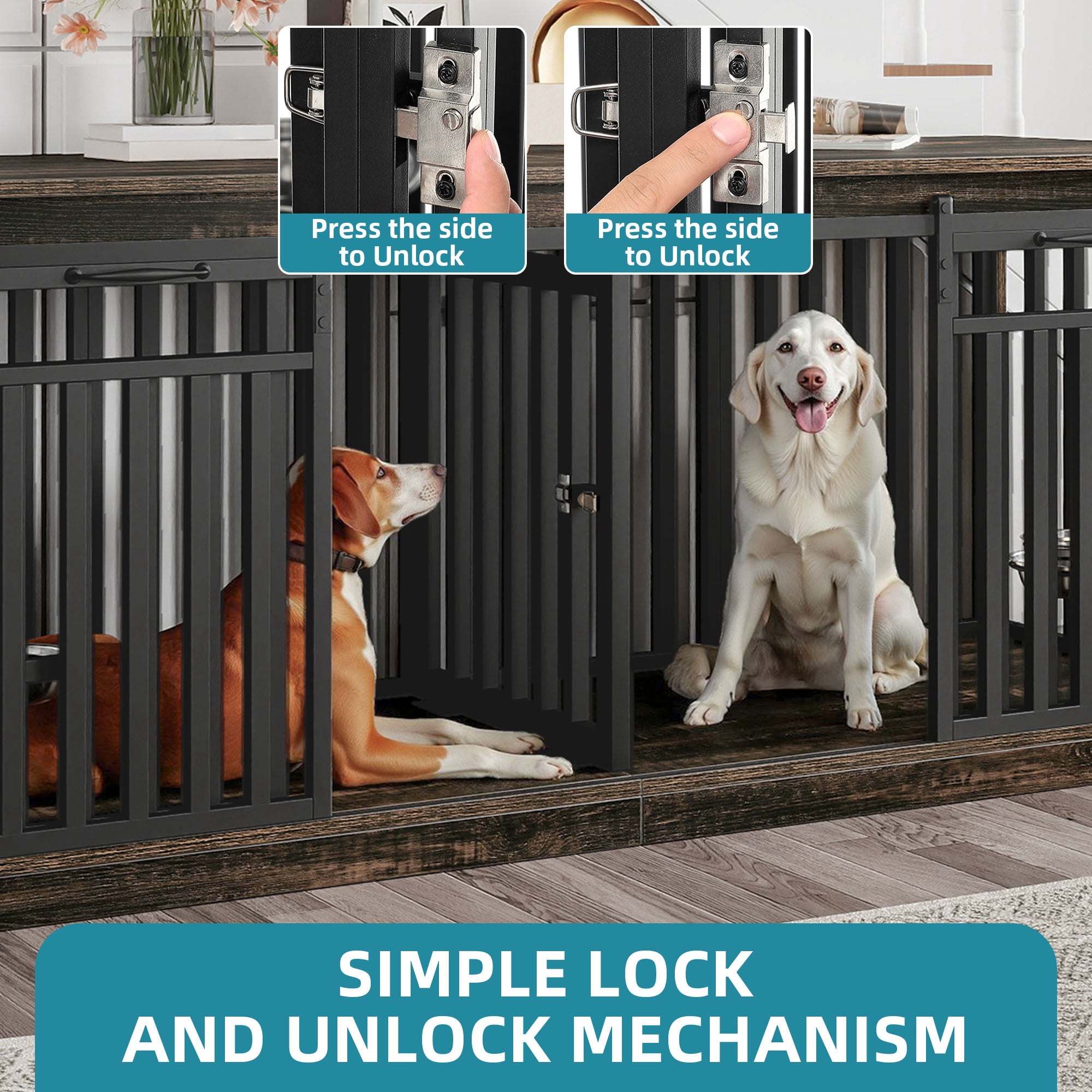 Uforic 71" Double Dog Crate Furniture, Heavy Duty Wood Dual Kennel TV Stand with Sliding Doors & Dog Bowls (Black)