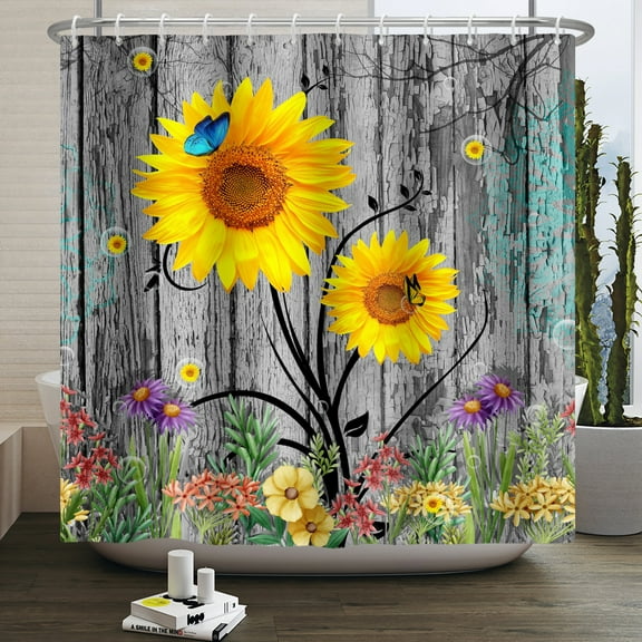 MIZHONA Rustic Wooden Shower Curtain,Country Yellow Floral Bathroom Shower Curtain with Hooks,72Wx72L