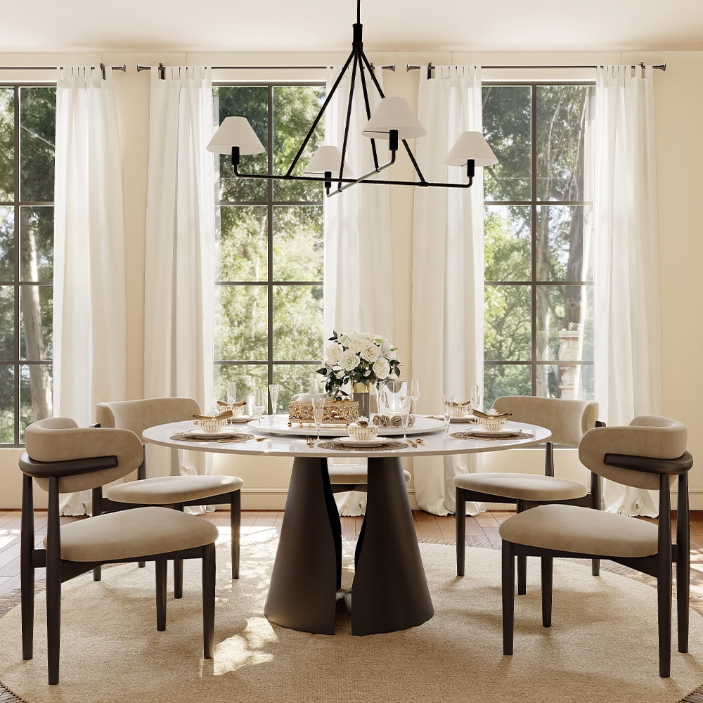 POVISON 59"Modern Round Black Kitchen Dining Table For 6 With Lazy Susan, Glossy Sintered Stone Tabletop, Solid Black Carbon Steel Base