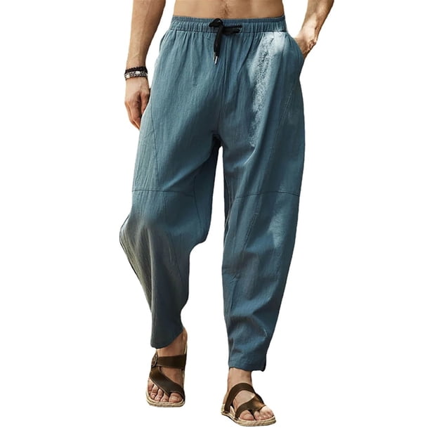 Pantalones de algodón para hombre, pantalones largos de playa, bolsillos, pantalones de verano con cordón