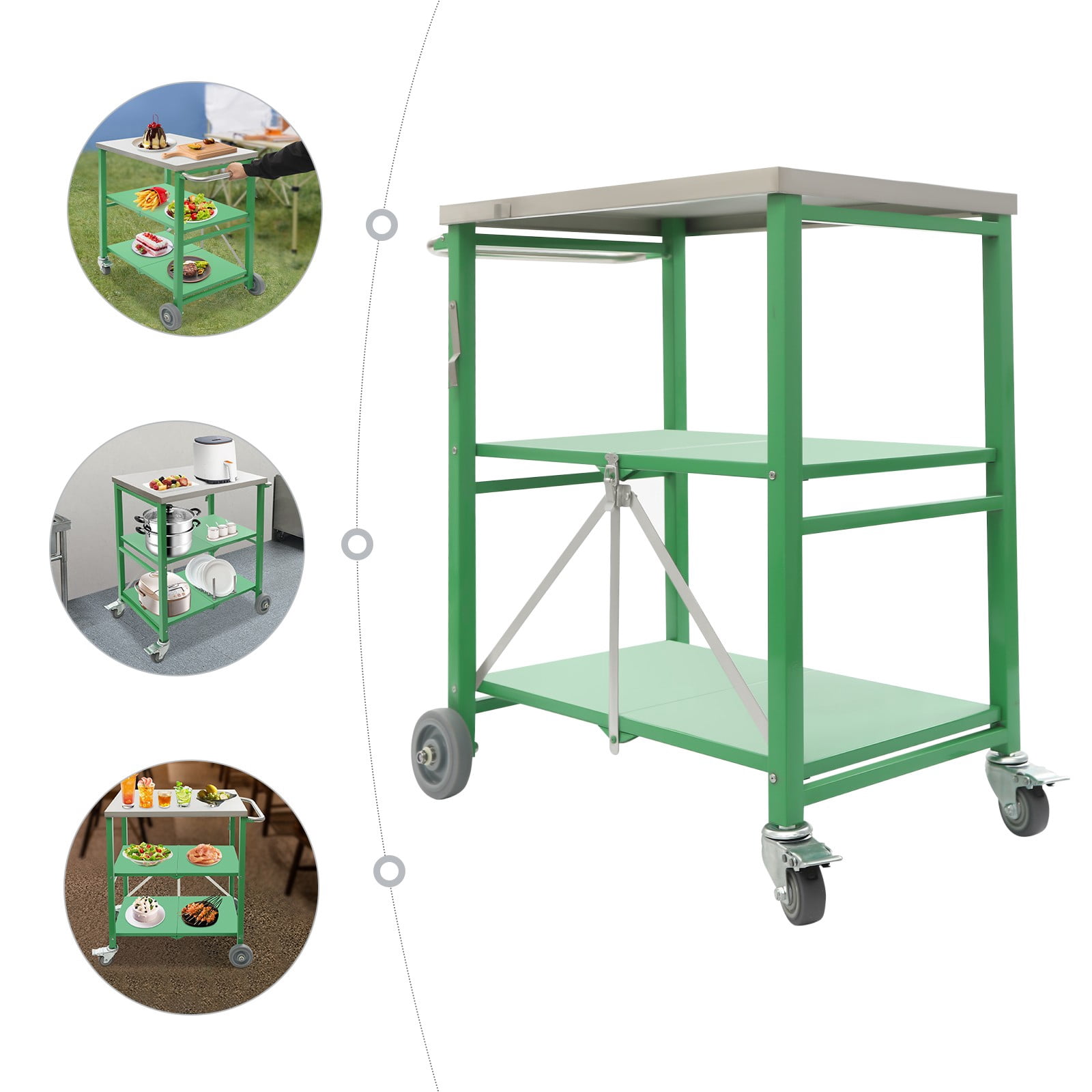 3 Tiers Grill Cart, Folding Outdoor Grill Cart 18.5"D X 27.6"W, Green Folding Hand Truck with Storage, Heavy Duty Utility Cart for Kitchen Camping