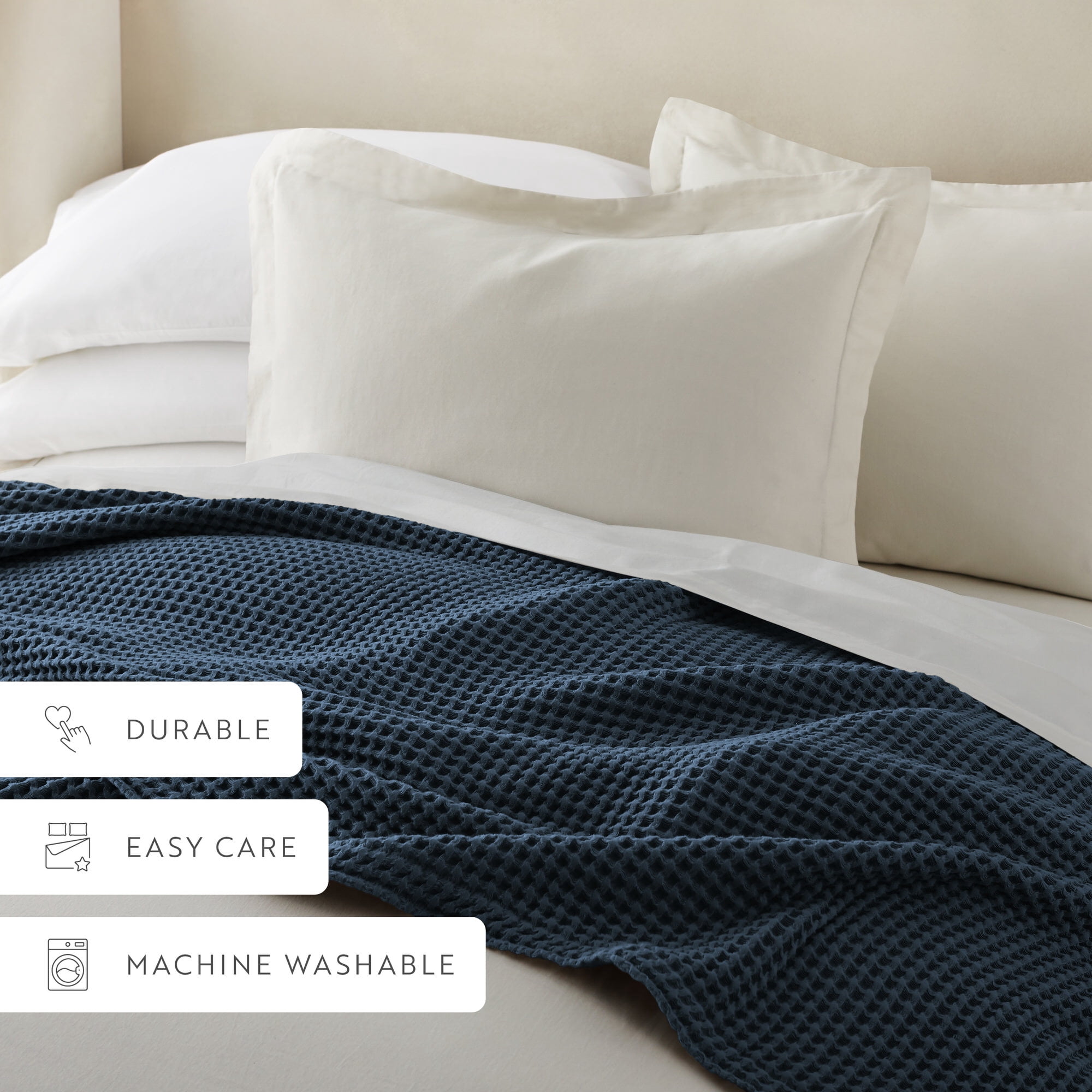 Noble Linens 100% Cotton Waffle Texture Bed Blanket, Navy, King/Cal King
