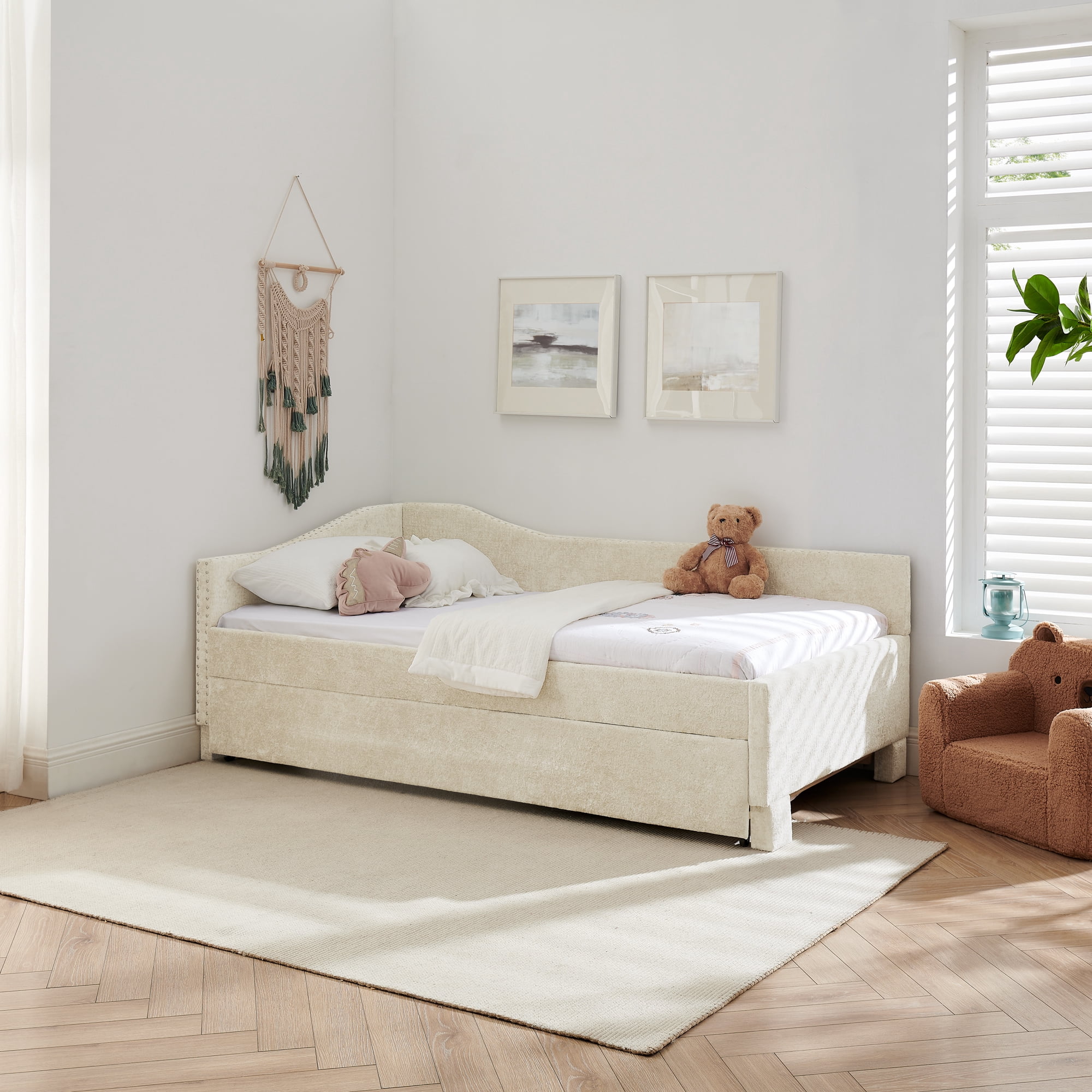 Twin Size Daybed,Chenille Upholstered Daybed with Pull-Out Trundle & Built-In USB Charging Port,2-in-1 Space Saving Sofa Bed for Guest Room,Small Space,Beige