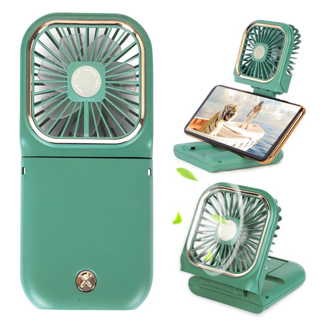 Miniventilador portátil FADACHY 5 en 1 con soporte para teléfono 3000 mAh, color verde