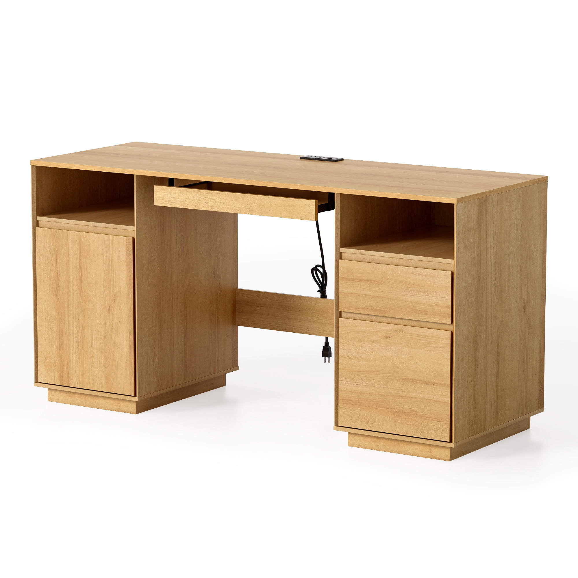 EYYTHUNG 59" Executive Desk, Farmhouse Large Home Office Desk with File Drawer & Outlet & Storage Cabinet, Wood Computer Desks with Keyboard Tray, Natural Oak