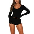 thumbnail image 3 of Womenacute;s Spring Summer Outfit Sets Long Sleeve Button Tops + Solid Color Low Waist Shorts, 3 of 8